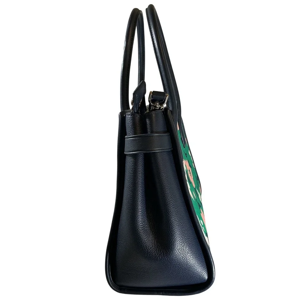 Kate Spade Lucia‎ Lily Blooms Medium Canvas Satchel Navy Leather Trim Handbag